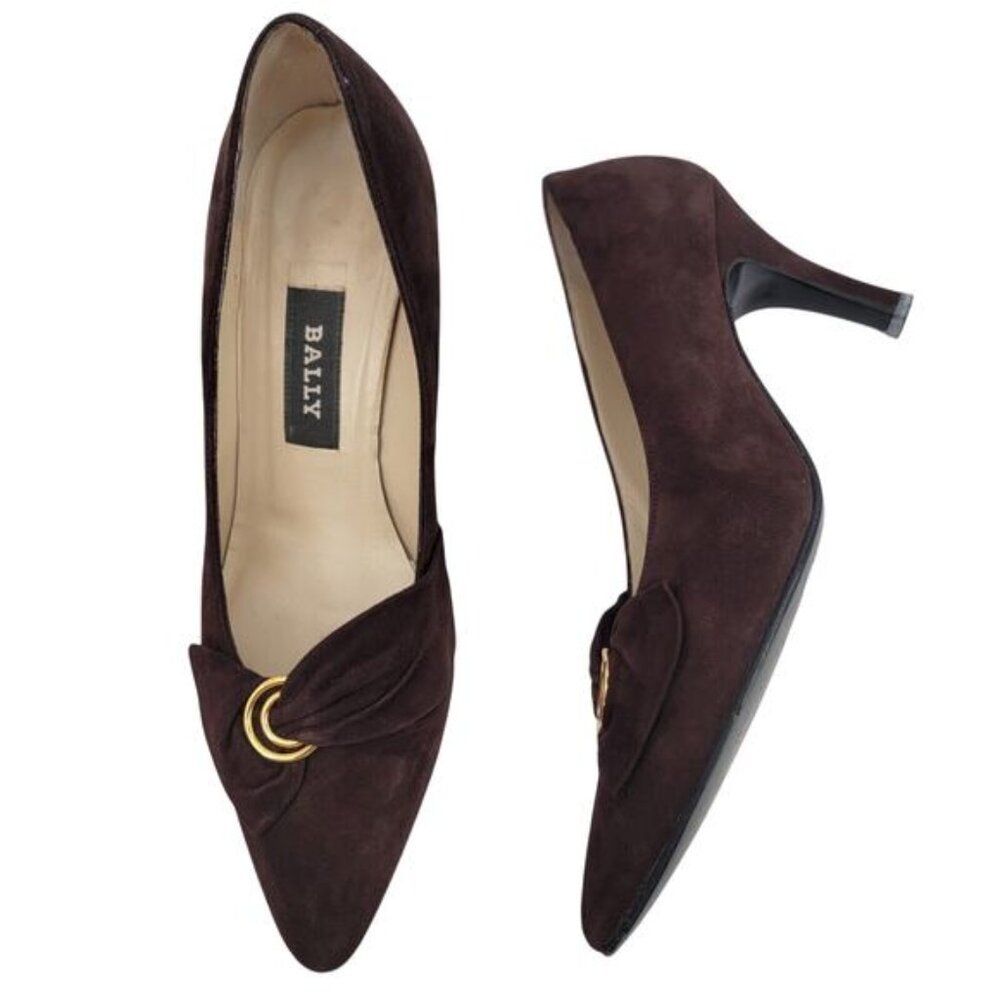 Bally Size 6.5 Raven Brown Suede Leather High Heels Gold Accent Pointed Toe